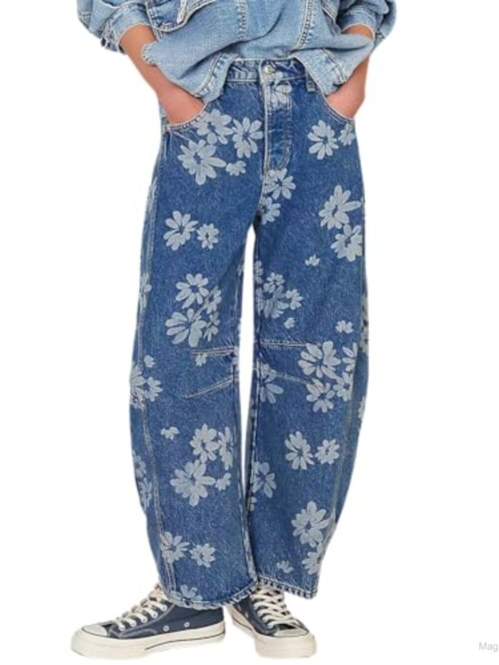 Retro Floral Print Barrel Jeans Mid Rise Wide Leg Baggy Boyfriend Denim Pants
